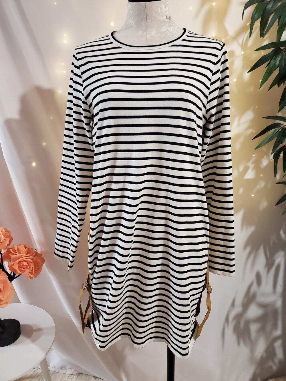 Derek Lam 10 Crosby Striped Cotton Buckle Shift Mini Tunic Dress Size L Buckle